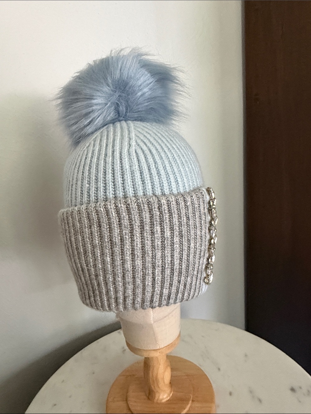 Kids Knit Pom Beanie in Light Blue and Gray - Brand